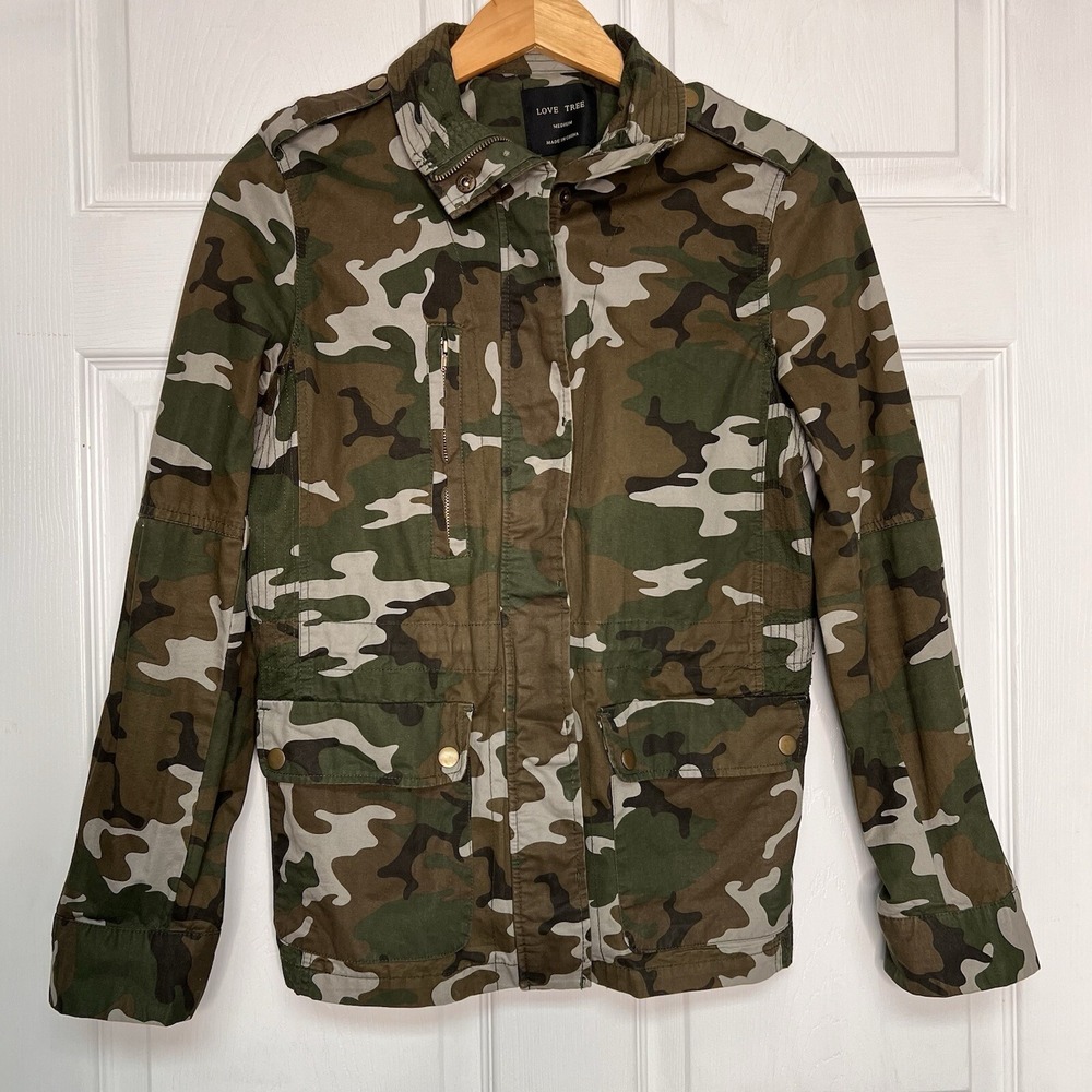 Love Tree Womens Medium Camo Cinched Waist Jacket 100% Cotton Full Zip Gorpcore